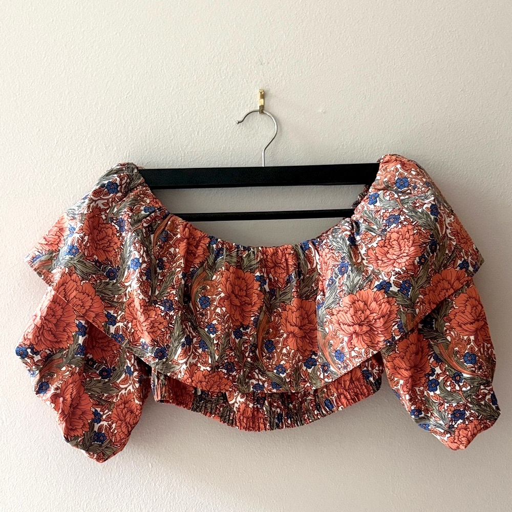 Zara Orange/Blue/Gray Ruffled Cropped Top